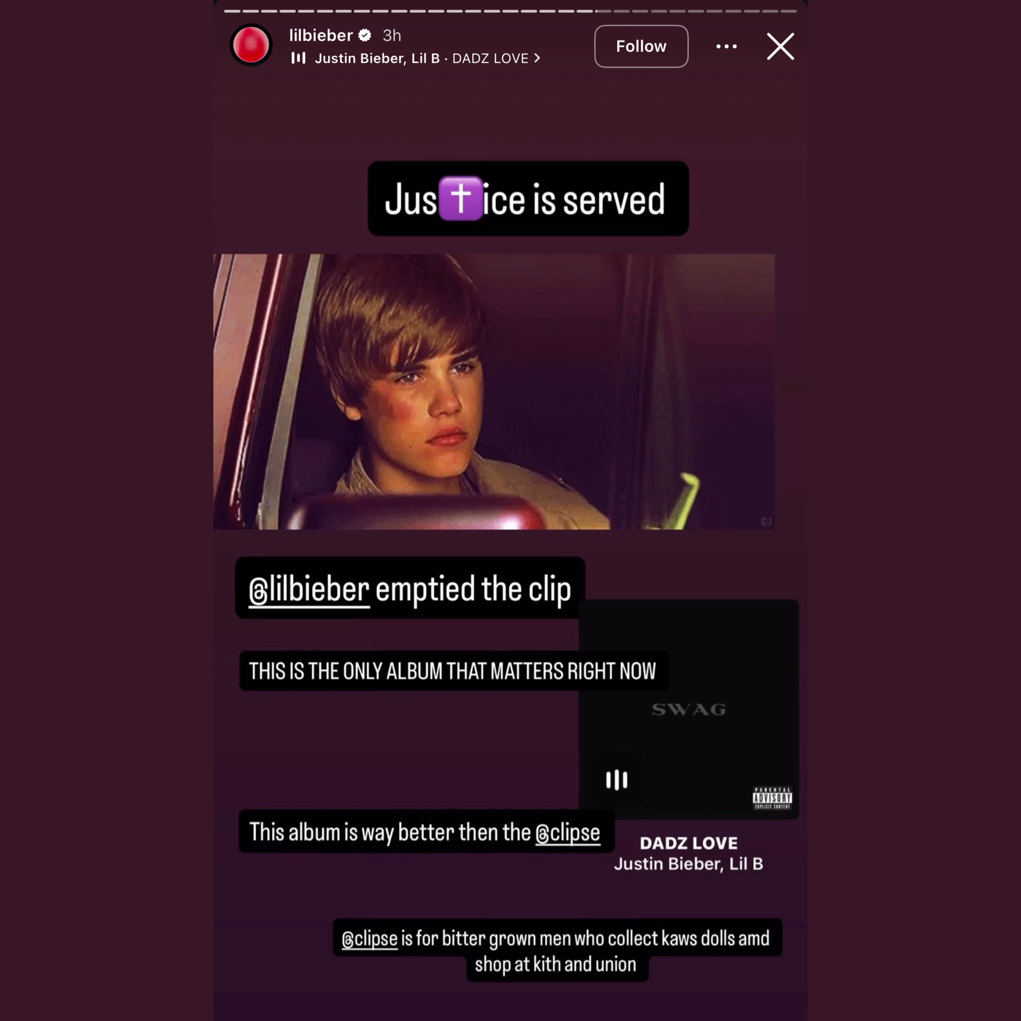 Justin Bieber reposted a Clipse diss via IG 👀